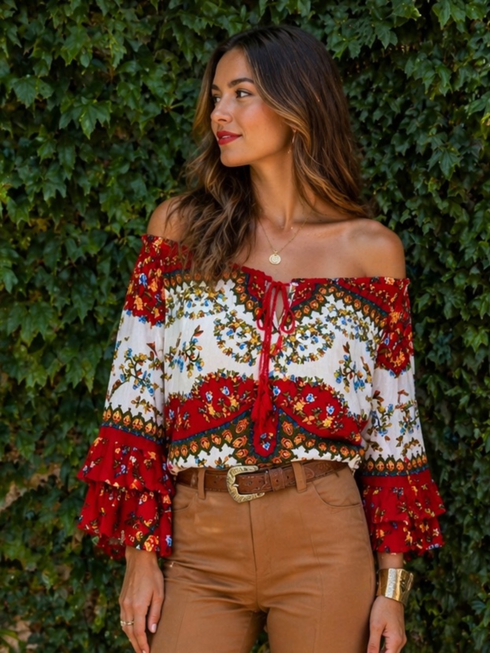 BILA Bohemian Tassel Tie Indian Block Print On/Off the Shoulder Blouse, S